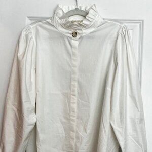 Sezane, Ambre Shirt, White Broadcloth with Ruffle Collar, Size 14, 46